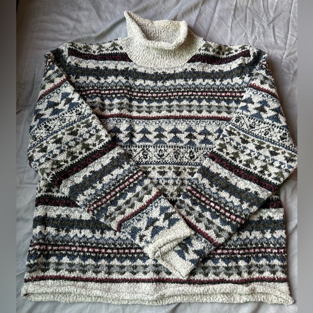Vintage Colourful Mock Neck Mixed Pattern Knit Sweater